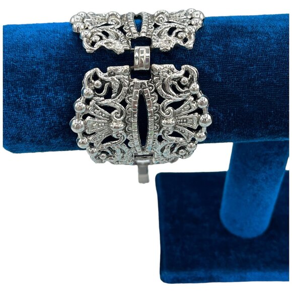 Vintage Silver Tone Filigree Bracelet Ornate Design Statement Jewelry Piece - Picture 2 of 5
